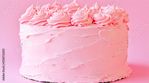 Pink frosted cake, studio shot, pastel background, dessert photo