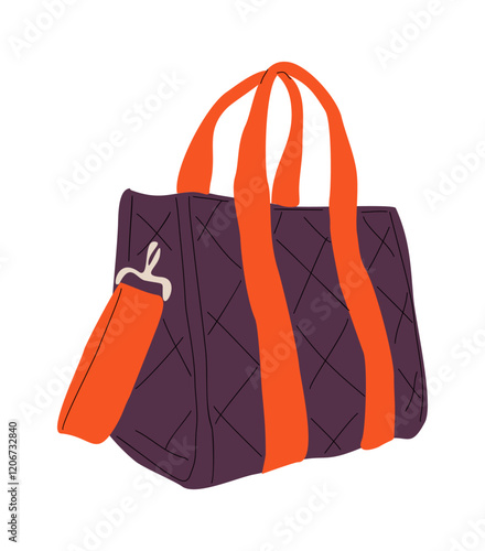 Fashion bag. Hand bag model in modern style. Women accessories, puffer textile tote. Flat vector illustration isolated on transparent background