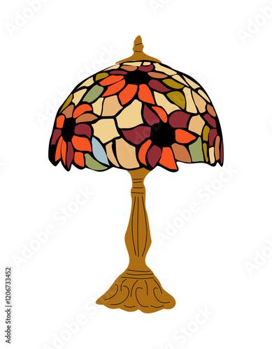 Antique table lamp. Night bedside table lamp in retro mid-century modern style with mosaic glass shade. Vector flat illustration isolated on transparent background