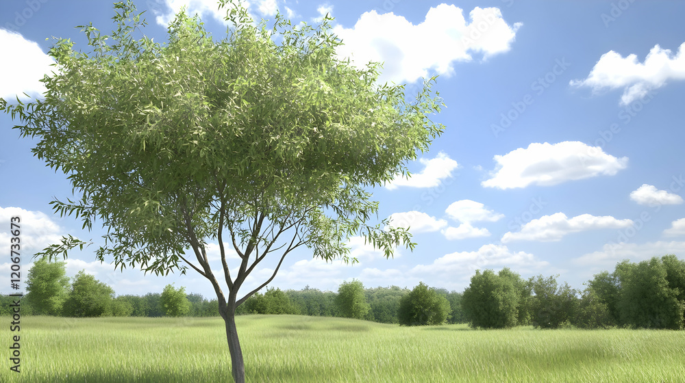 Obraz premium Single tree in a sunny meadow, idyllic landscape, peaceful nature scene, perfect for website backgrounds