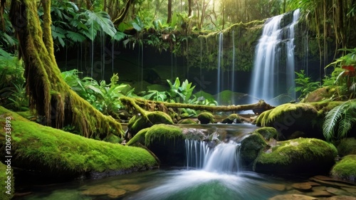 Lush green forest with a beautiful waterfall cascading over moss covered rocks in a tropical setting