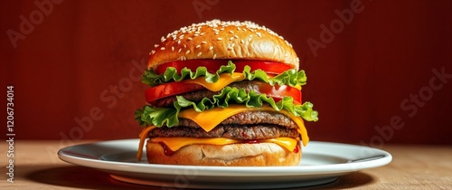 Clasic  hamburger with lettuce, tomato, cheese, sesame bun, ketchup, and mustard. Generative AI