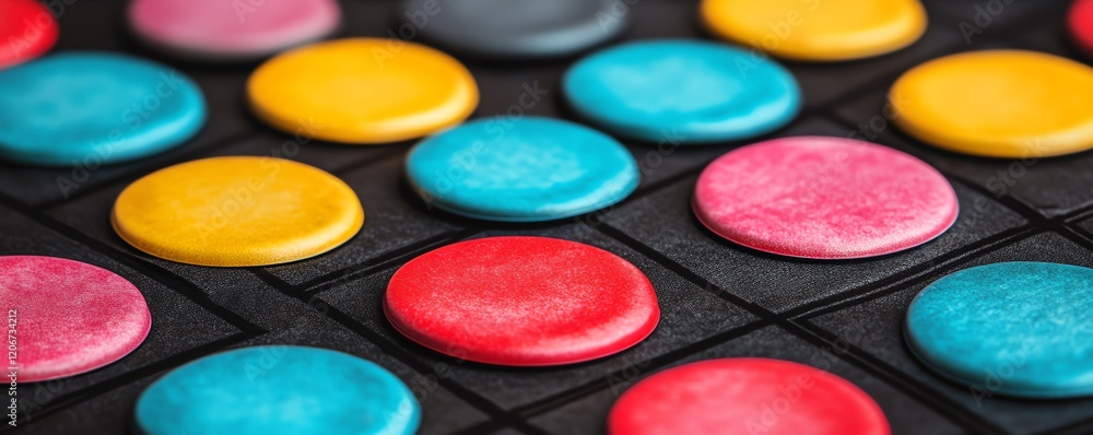 Colorful round game pieces arranged on a black board, showcasing vibrant red, blue, yellow, and pink disks in a geometric pattern. Colorful round game pieces arranged on a black board, showcasing vibrant red, blue, yellow, and pink disks in a geometric pattern.