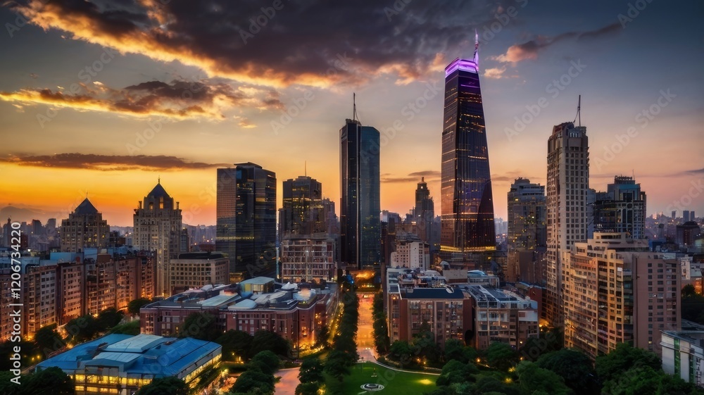 Fototapeta premium Cityscape at Dusk: Towering Buildings and Dramatic Sunset in the City