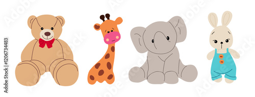 Plush stuffed toys set. Cute soft animals. Fluffy teddy bear, elephant, giraffe, rabbit. Kid childish plushie for playing game. Nursery flat vector illustrations isolated on transparent background