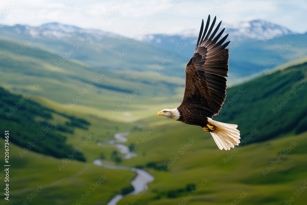 Majestic eagle soaring over lush green landscapes, embodying freedom and the beauty of nature. Majestic eagle soaring over lush green landscapes, embodying freedom and the beauty of nature.