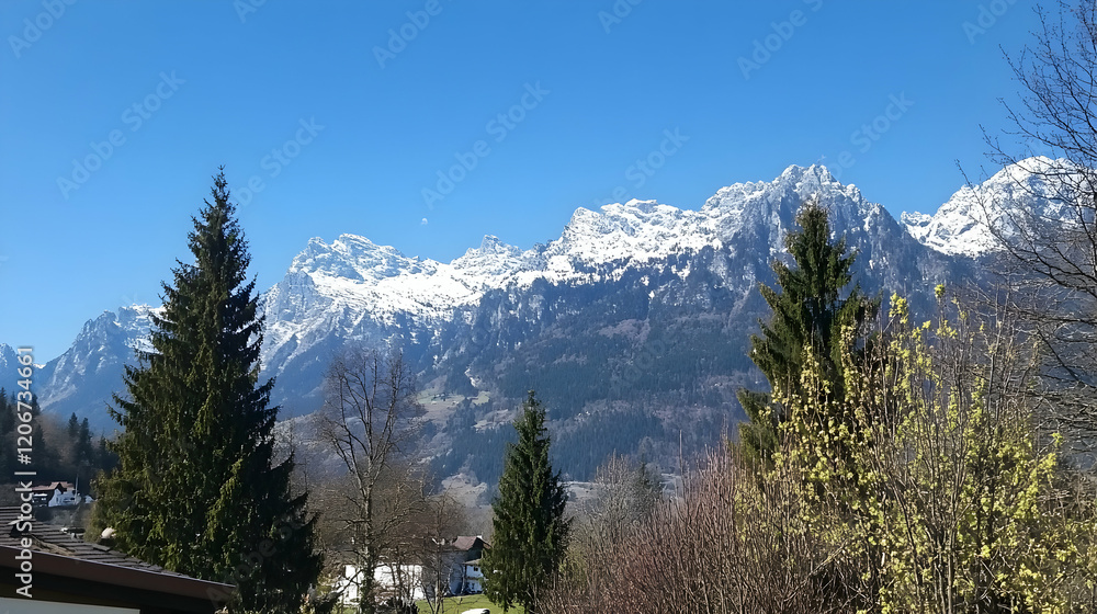 Obraz premium Snowy mountain range viewed from village, sunny spring day, travel postcard
