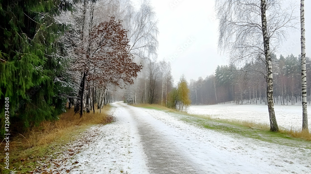 Snowy path through winter forest; tranquil nature scene, ideal for winter travel brochures Snowy path through winter forest; tranquil nature scene, ideal for winter travel brochures