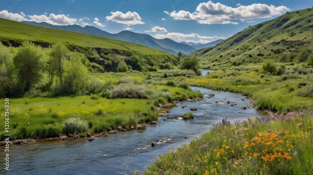 Idyllic Mountain Landscape with River Flowing Through Lush Green Fields and Blue Skies Idyllic Mountain Landscape with River Flowing Through Lush Green Fields and Blue Skies