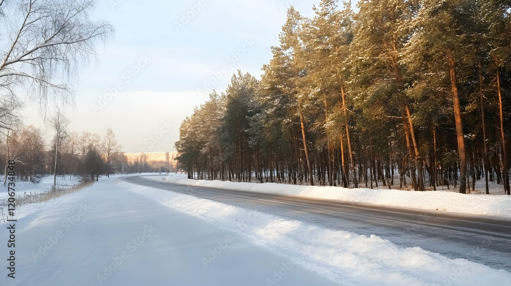 Snowy road through winter pine forest at sunrise, ideal for travel or winter landscapes Snowy road through winter pine forest at sunrise, ideal for travel or winter landscapes