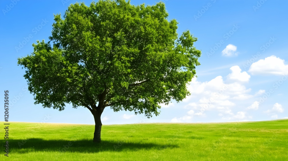 Solitary tree on grassy field, clear blue sky, idyllic landscape, nature background; perfect for eco-friendly campaigns Solitary tree on grassy field, clear blue sky, idyllic landscape, nature background; perfect for eco-friendly campaigns
