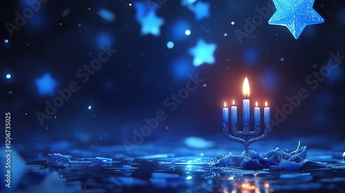 Glowing menorah with blue stars. photo