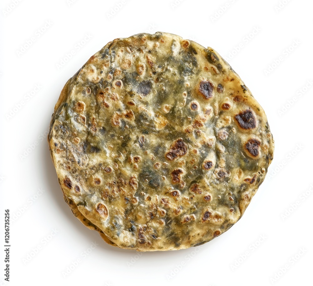 Top view of a single round spinach flatbread isolated on white. Top view of a single round spinach flatbread isolated on white.