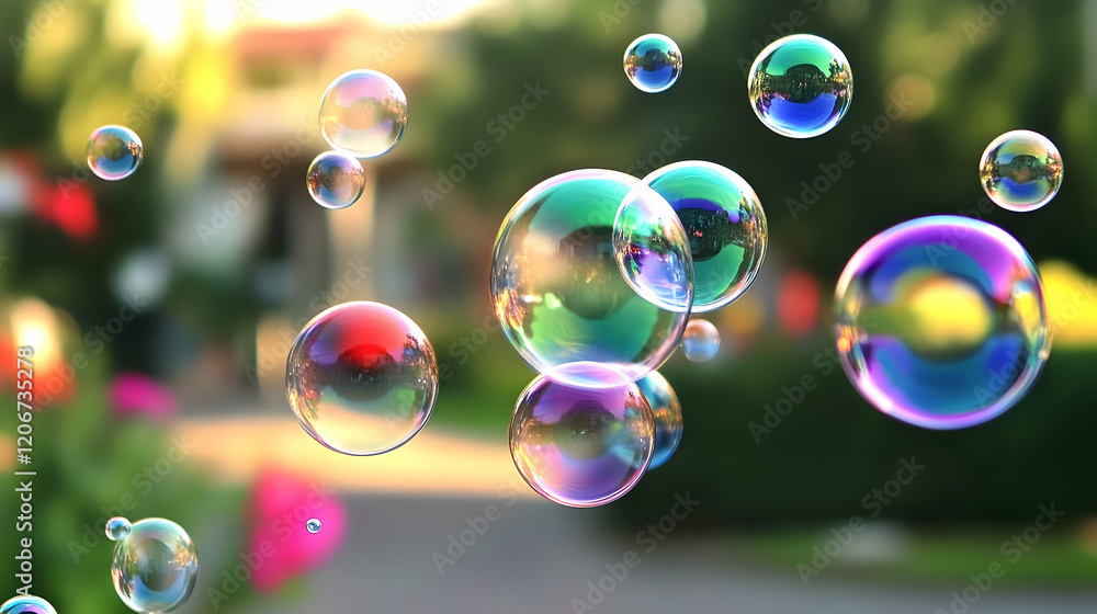 Sparkling soap bubbles floating in a sunlit park; background blur; children's play Sparkling soap bubbles floating in a sunlit park; background blur; children's play