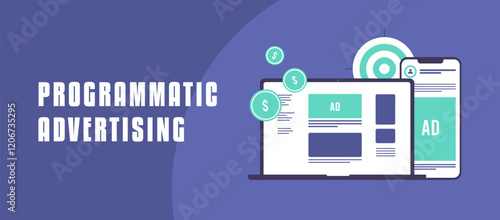 Programmatic advertising banner showing cross-device ads, mobile screens with banners, and digital campaigns. Highlights targeted audiences, effective marketing, and increased brand engagement