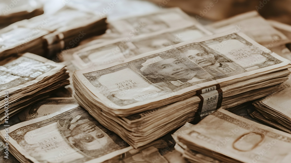 Naklejka premium Stacks of old banknotes on a table, close-up view; sepia tone; possible use for finance, banking, or history articles