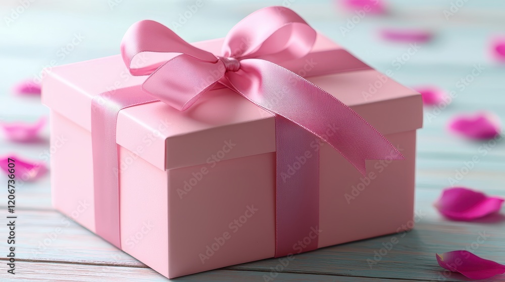 Obraz premium Elegant Pink Gift Box with Ribbon Rose Petals Romantic Present