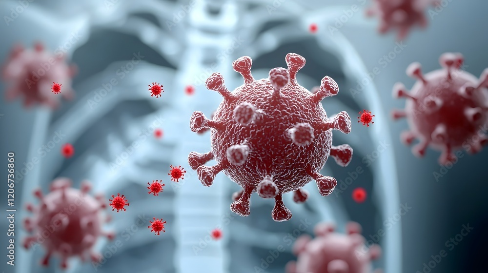 This medical shows how viruses can enter the respiratory tract through the nose with red virus particles floating in an X ray style image The image depicts the process of viral infection This medical shows how viruses can enter the respiratory tract through the nose with red virus particles floating in an X ray style image The image depicts the process of viral infection