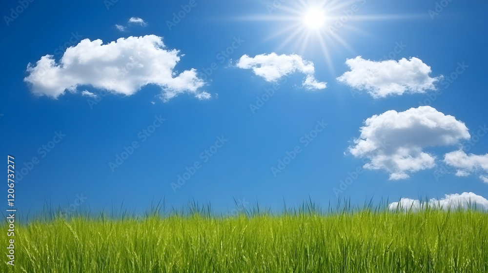 Sunny day, green field, blue sky, fluffy clouds; perfect for nature, summer, or environmental themes Sunny day, green field, blue sky, fluffy clouds; perfect for nature, summer, or environmental themes
