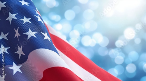 Close-up of the American flag with stars and stripes on a soft blue and white bokeh background. Concept of patriotism and celebration. Ai generative