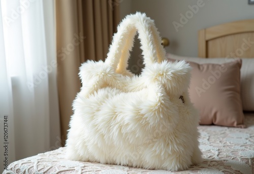 Cozy Apartment Scene: White Canvas Bag, Fluffy Texture, Lace Decor, Soft Lighting, Spring & Summer Use, Daily Necessities, Superb Craftsmanship, Detailed Design.

 photo