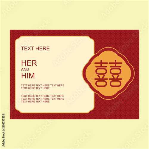 Chinese wedding invitation with calligraphy 囍 (shuang xi) meaning is double happiness. Vector illustration design. Eps 10.