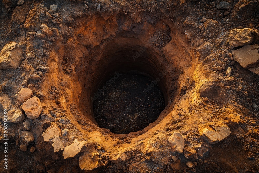 Overhead view of a cylindrical hole dug in dry, reddish-brown soil. Overhead view of a cylindrical hole dug in dry, reddish-brown soil.