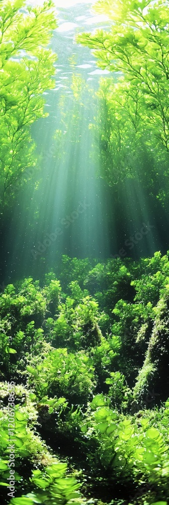 Fototapeta premium Underwater Oasis Serene Sunlight Beams Through Lush Aquatic Plants Vibrant Green Ecosystem