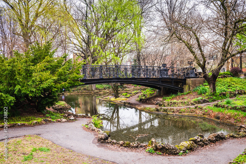 Grotto Bridge, aka Lafayette Park Bridge, with daffodil and tulip flowers in bloom on a Spring day at historic Lafayette Square in St. Louis, Missouri.