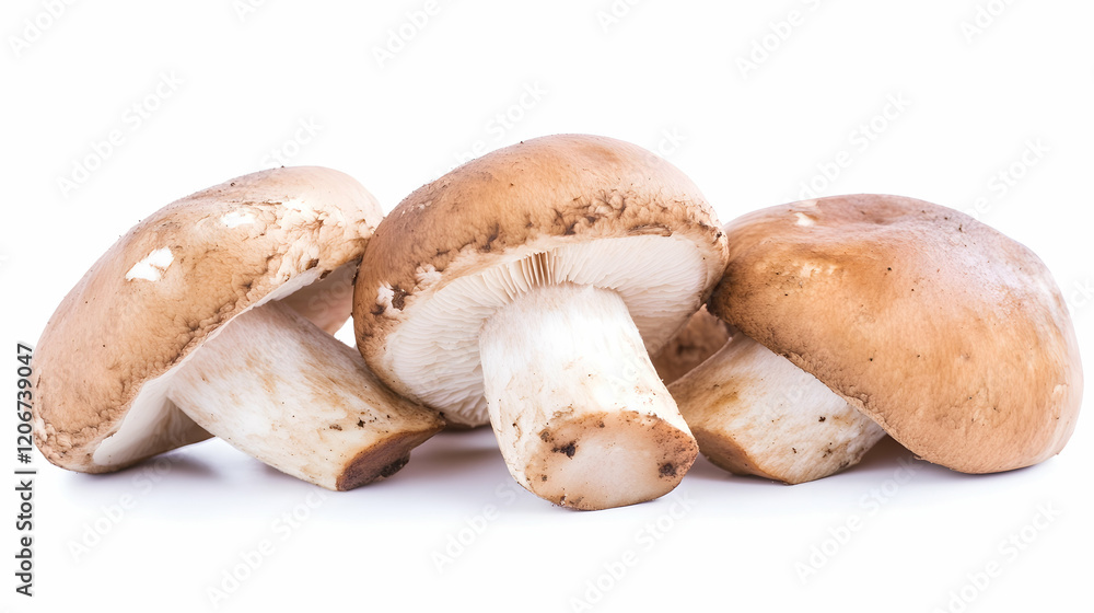 Three brown mushrooms on white background, ideal for food blogs or recipe websites Three brown mushrooms on white background, ideal for food blogs or recipe websites