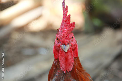 photo of rooster with red head and cockscomb photo