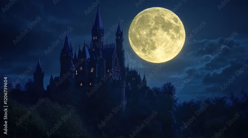 A mystical castle under a full moon, surrounded by clouds and a dark sky. A mystical castle under a full moon, surrounded by clouds and a dark sky.