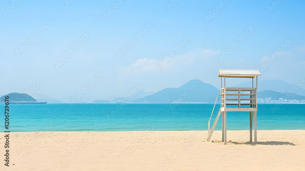 Tranquil beach scene Lifeguard tower on sandy shore, clear turquoise water, distant mountains under a bright sky; perfect for travel brochures Tranquil beach scene Lifeguard tower on sandy shore, clear turquoise water, distant mountains under a bright sky; perfect for travel brochures