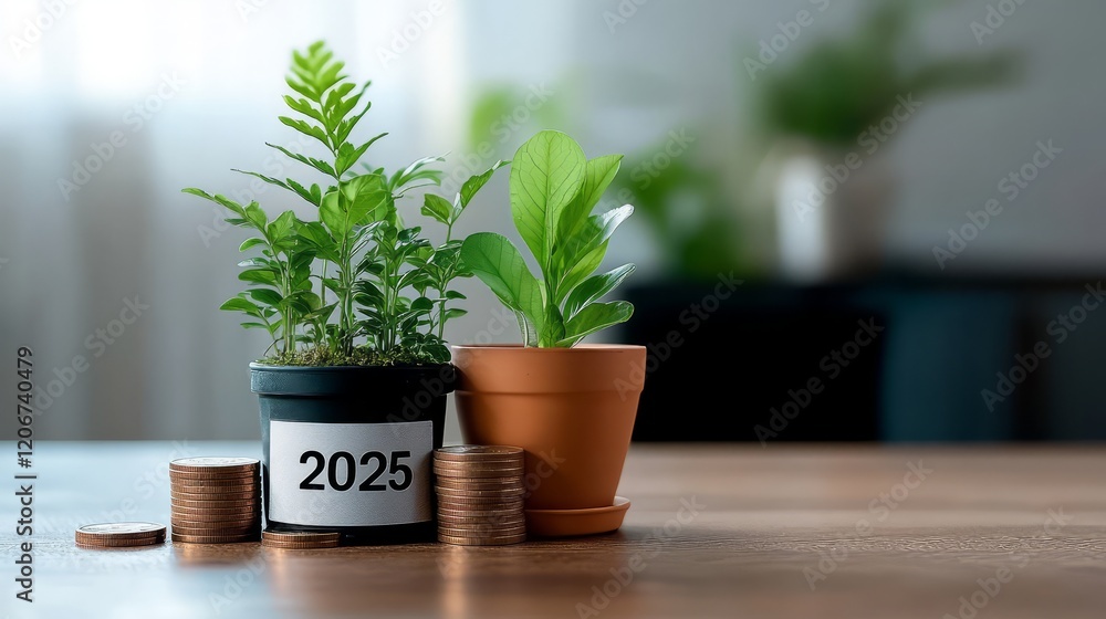 Two potted plants symbolize growth and prosperity, representing the year 2025. Two potted plants symbolize growth and prosperity, representing the year 2025.