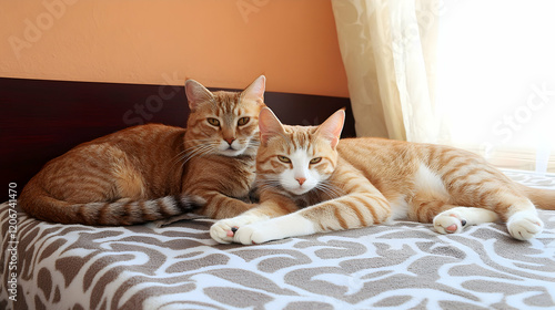 Wallpaper Mural Two orange tabby cats relaxing on a bed near a window.  Use Pet adoption, veterinary, cat food advertising Torontodigital.ca