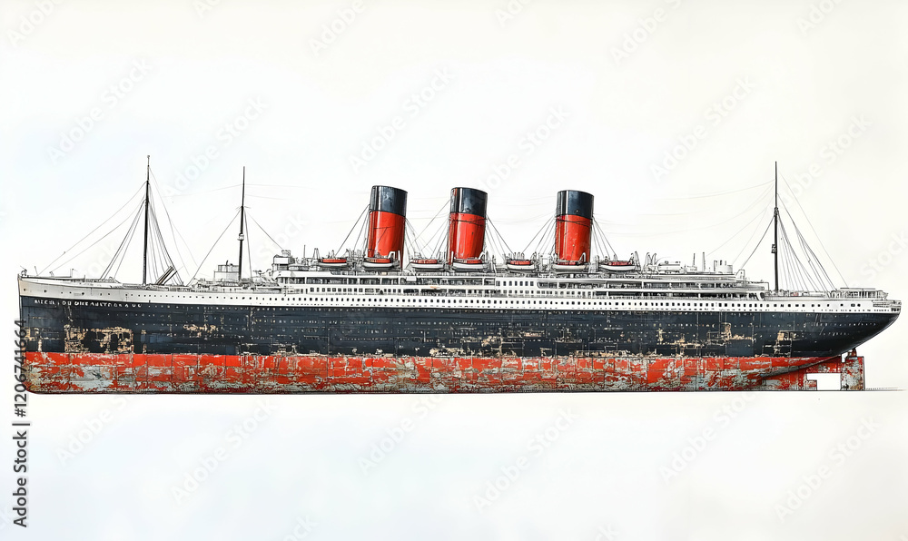Fototapeta premium Vintage ocean liner model, studio shot, white background, nautical design