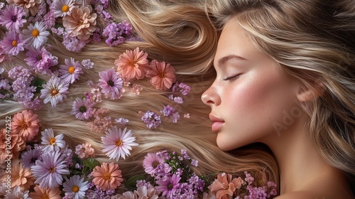 photograph for product photography flower garden with colorful flowers, with blonde healthy brown hair flowing in the front. Blends the idea of nature, art, science. Goal is to juxtapose