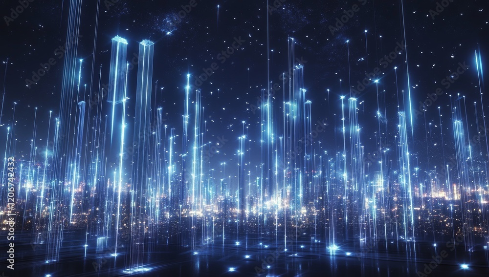 Obraz premium Glowing blue lines rising from a city at night, representing digital data streams or network connections.