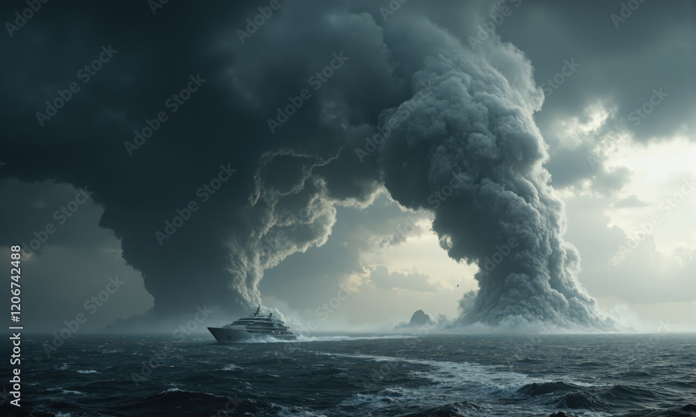 Fototapeta premium A fierce, stormy cloud formation forms into a screaming face, calling forth a massive, spiraling cyclone that tears through