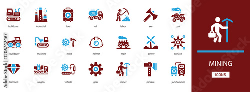 Mining filled icon set featuring excavation tools, minerals, helmets, machinery, drilling, safety gear, and industrial extraction symbols for engineering and resource projects.