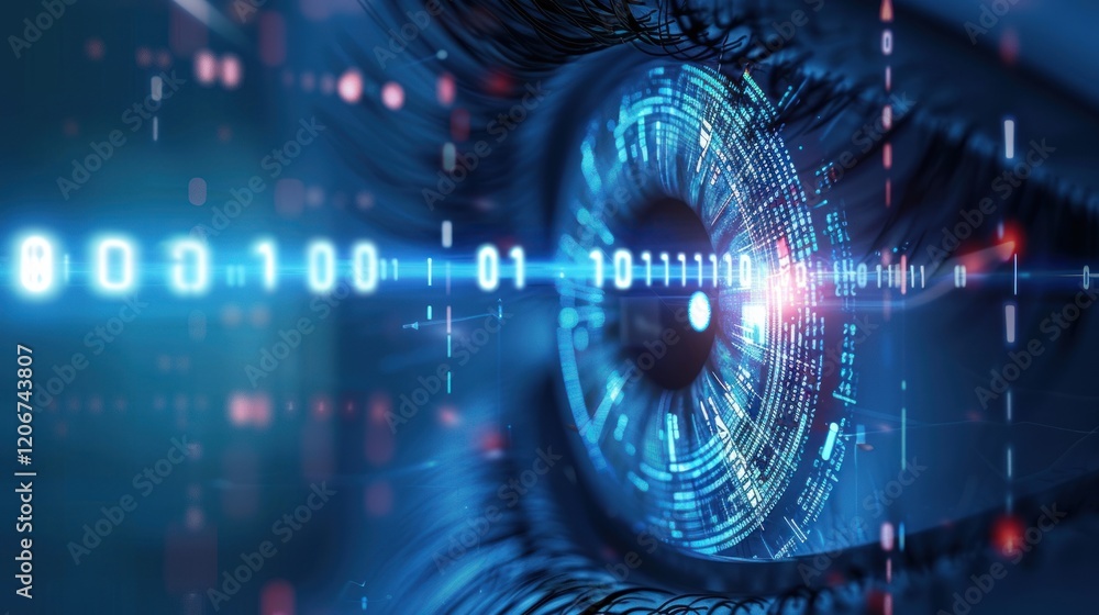 Obraz premium Digital eye scanning data streams, future tech background
