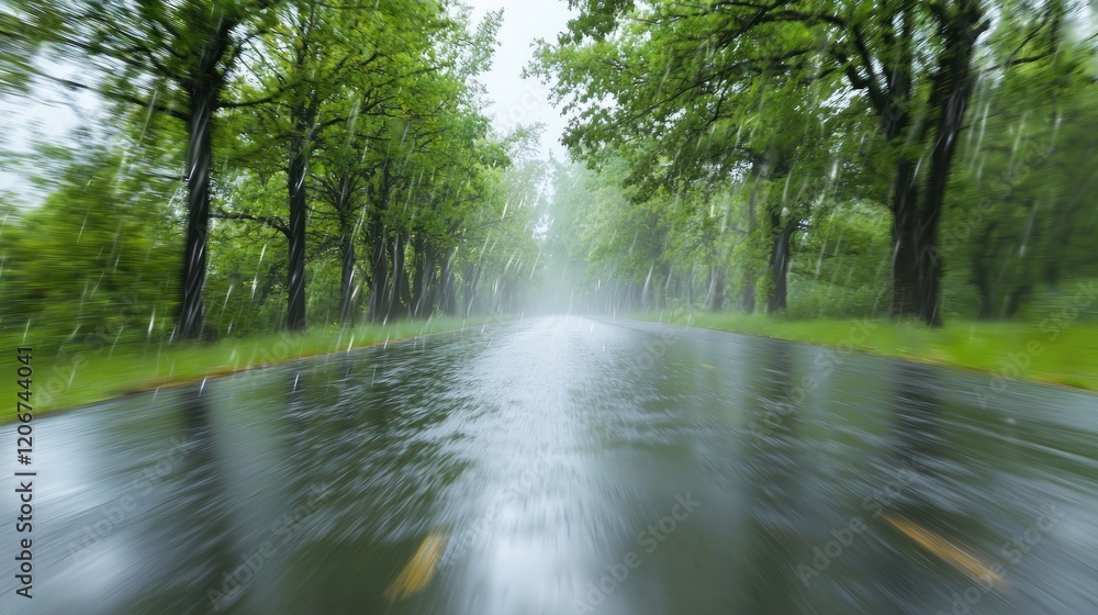 Naklejka premium Driving Through a Lush Green Forest During a Summer Rainstorm