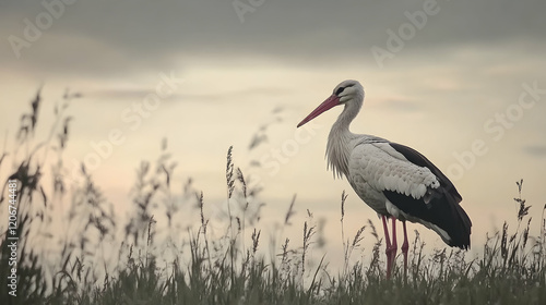 White stork standing in tall grass at sunset, peaceful countryside scene, nature photography