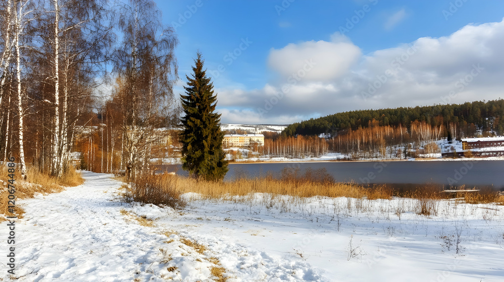 Winter lake landscape, snow-covered path, trees, buildings in background; ideal for travel brochures Winter lake landscape, snow-covered path, trees, buildings in background; ideal for travel brochures