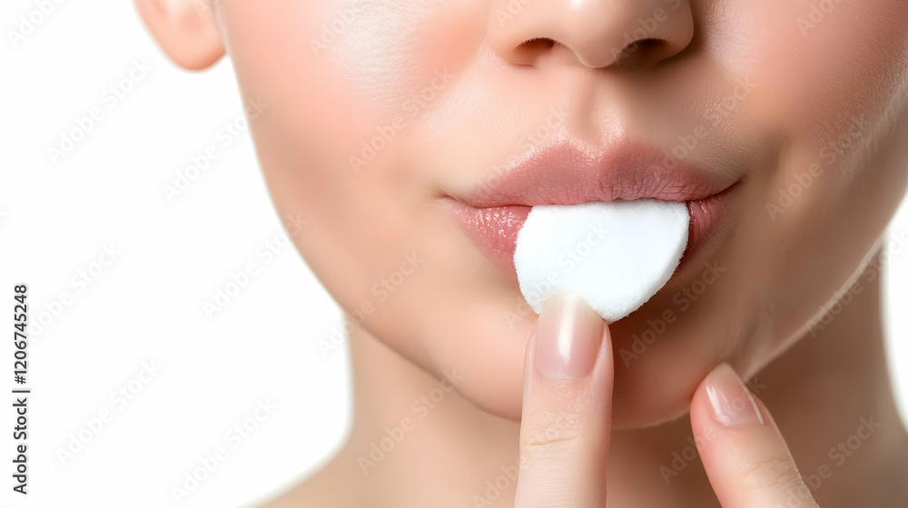Woman applying makeup remover, close-up face, clean background, beauty routine Woman applying makeup remover, close-up face, clean background, beauty routine