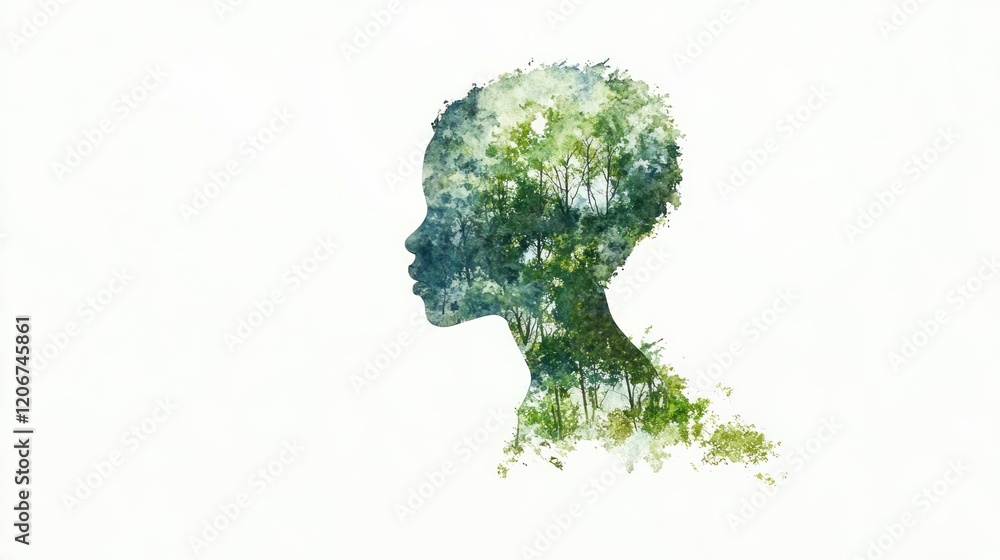 Eco Style Mental Health Support: Young Man and Trees in Watercolor Illustration on White Banner Background - Natures Healing Touch Eco Style Mental Health Support: Young Man and Trees in Watercolor Illustration on White Banner Background - Natures Healing Touch
