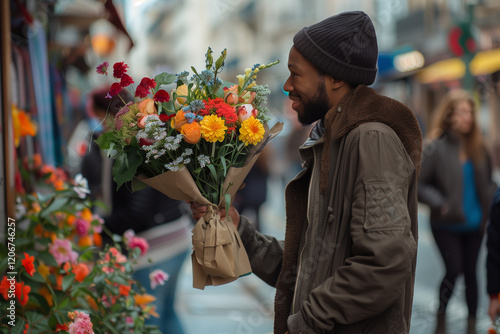 Man handing flowers to a stranger on the street, celebrating Random Acts of Kindness Day.