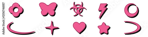 A collection of Y2K themed vector icons, featuring shapes like flowers, butterflies, stars, hearts, crescents, lightning bolts, and abstract forms. Retro futuristic design.