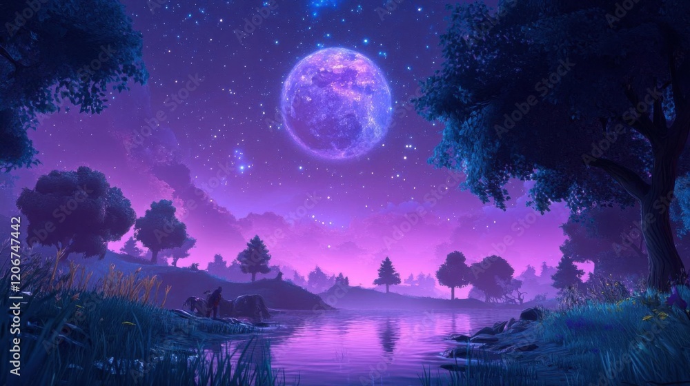 Naklejka premium Fantasy landscape with a lake, trees, and a full moon.