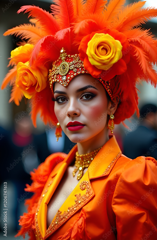 A captivating model in a vibrant carnival outfit showcasing fantastic hues and an exuberant festive spirit. Vibrant Carnival Attire Featuring a Floral Hat and a Bright and Cheerful Orange Ensemble